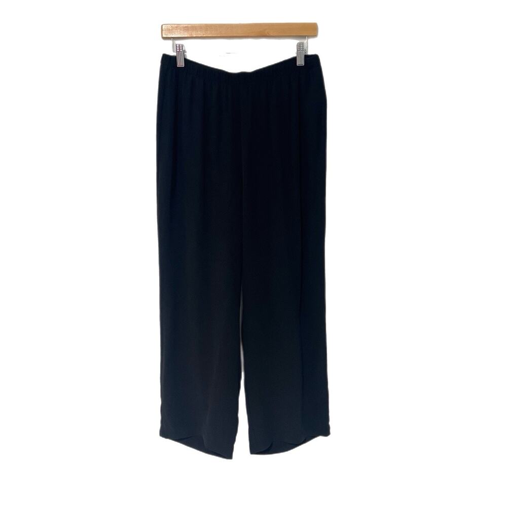 Eileen Fisher 100% Silk Pants Black Small Petite Wide Leg Crop Minimalist Pullup